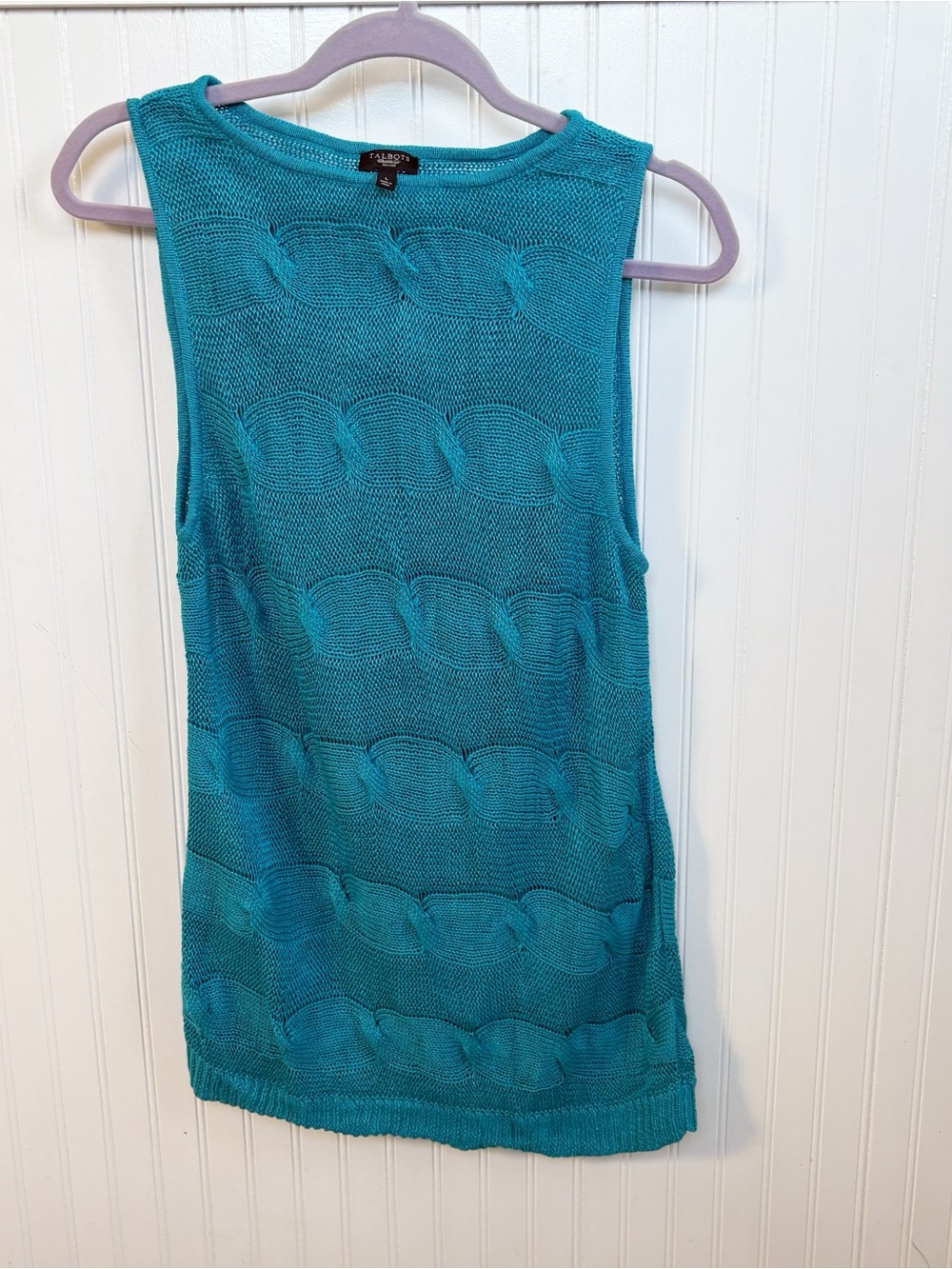 Talbots Women’s Large Teal Cable Knit Sleeveless Sweater Tank 100% Linen